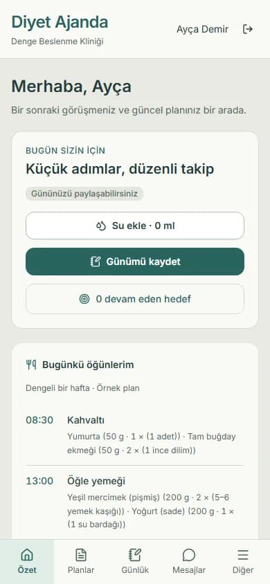 Danışanın telefonundan gördüğü günlük plan ve takip özeti