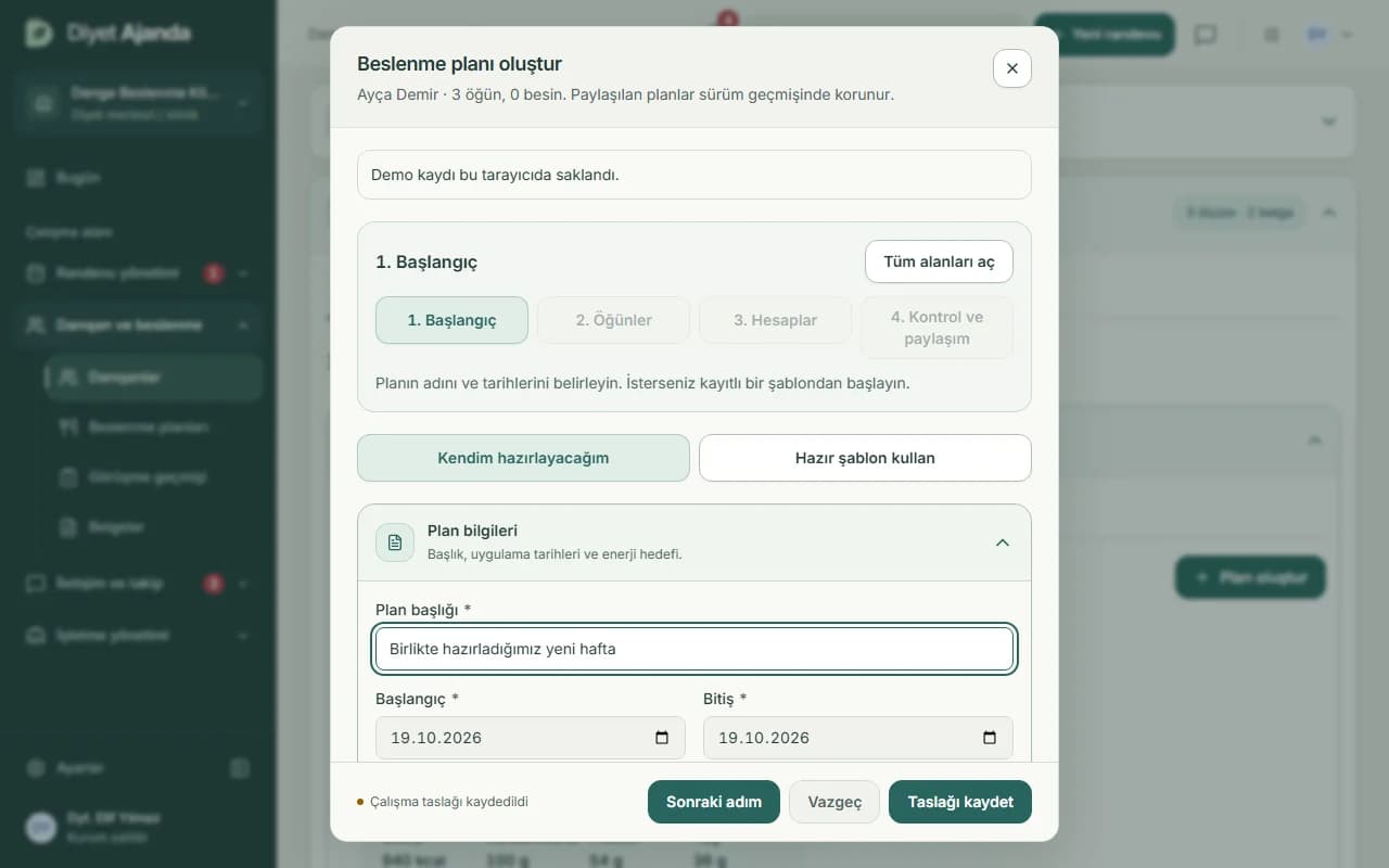 Beslenme planını adım adım hazırlama ekranı